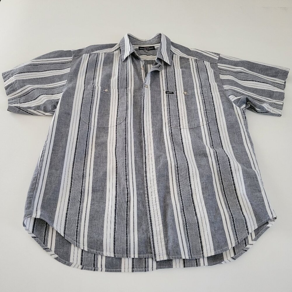 Vintage GUESS Georges Marciano Short Sleeve Black Gray White Stripe Size L EUC